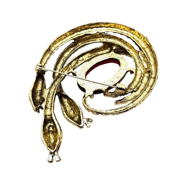 Womens Snake Brooch Pin Gold Tone Red Cabochon Vintage Style - Picture 2 of 3
